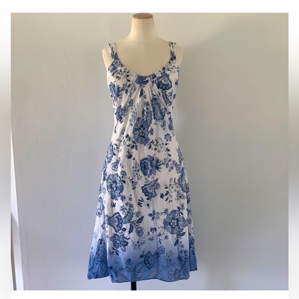 Peruvian Connection White Blue Floral Midi Dress Women’s 8